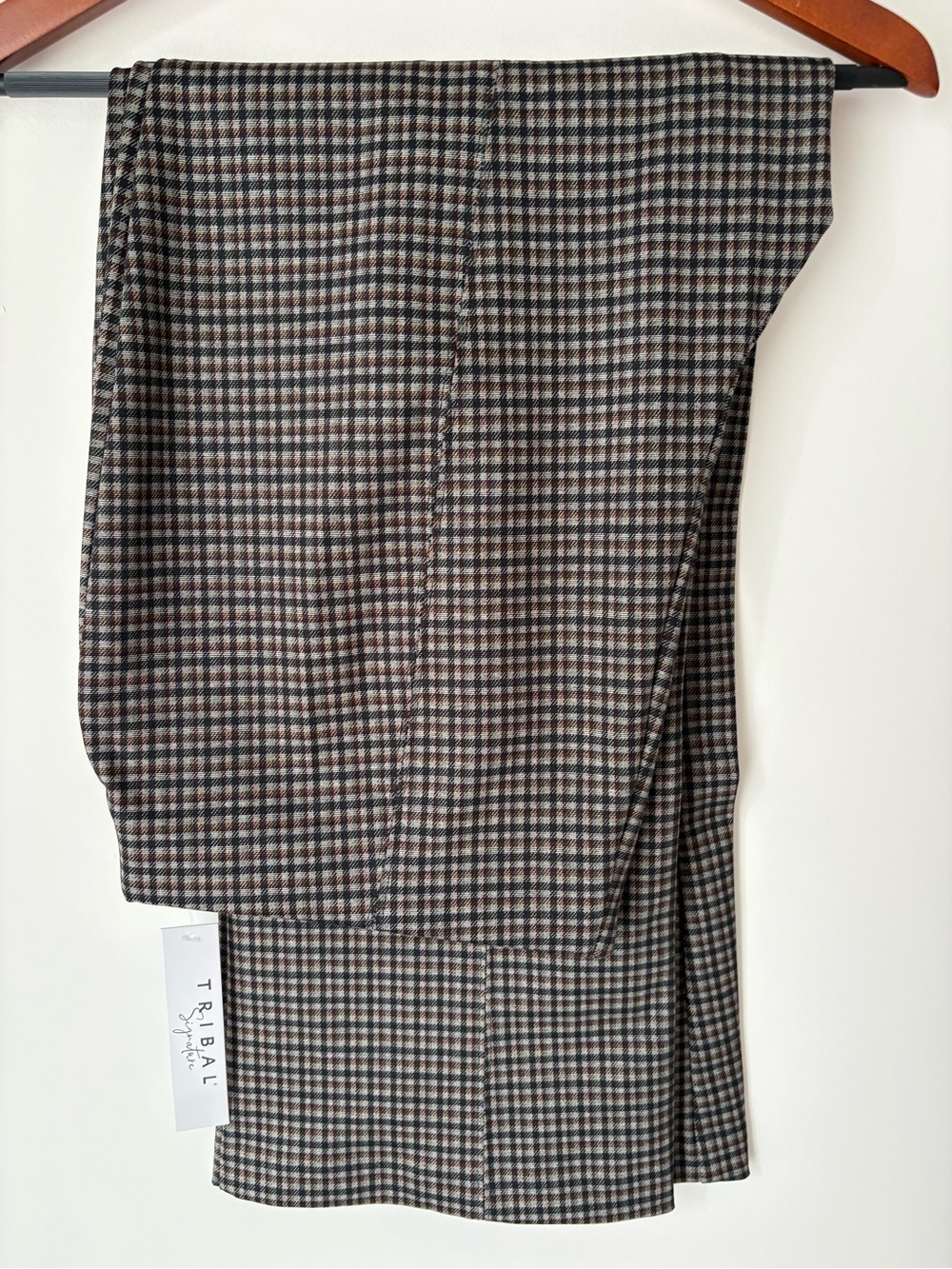 Tribal Straight Leg Checked Pull on Ponte Knit Pants in Brown and Black (Aloe)